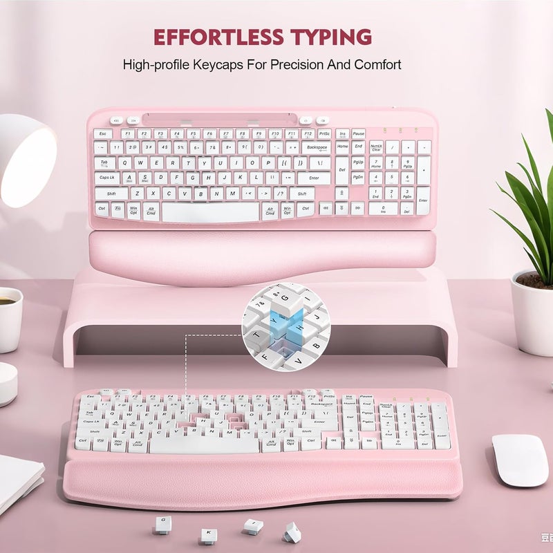 EAYBLLY Ergonomic Wireless Keyboard with Cushioned Wrist Rest, Wave Keys, Phone Holder, Comfortable Natural Typing, 2.4GHz Full Size Cordless USB Computer Keyboard for Windows, Mac OS, Laptop, PC (Pink) - Image 4